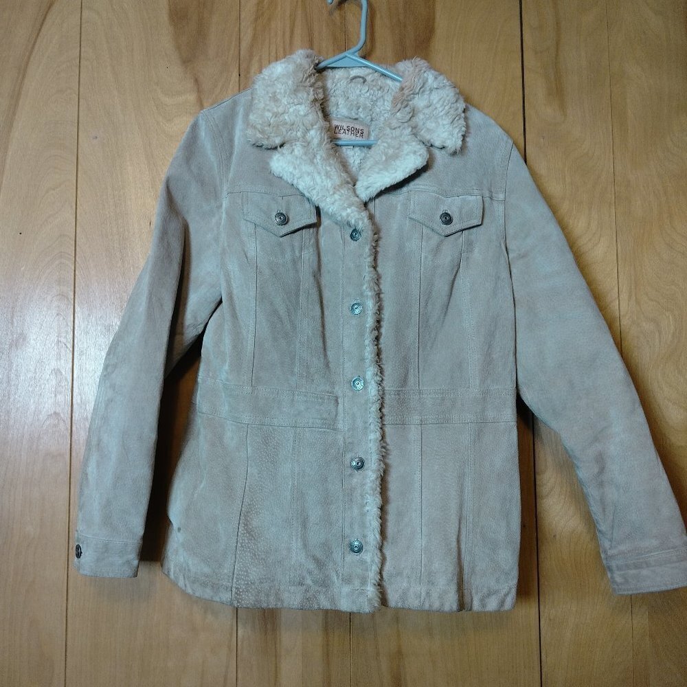 WILSONS LEATHER WOMEN'S LARGE BUTTON FRONT BEIGE SUEDE SHEARLING JACKET